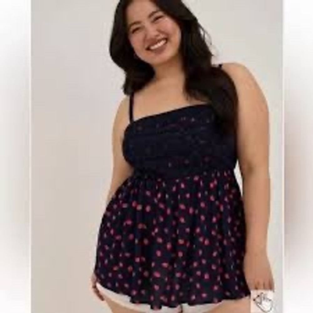 NWT, Torrid Navy Strawberry Print Lace Crochet Babydoll Cami Top